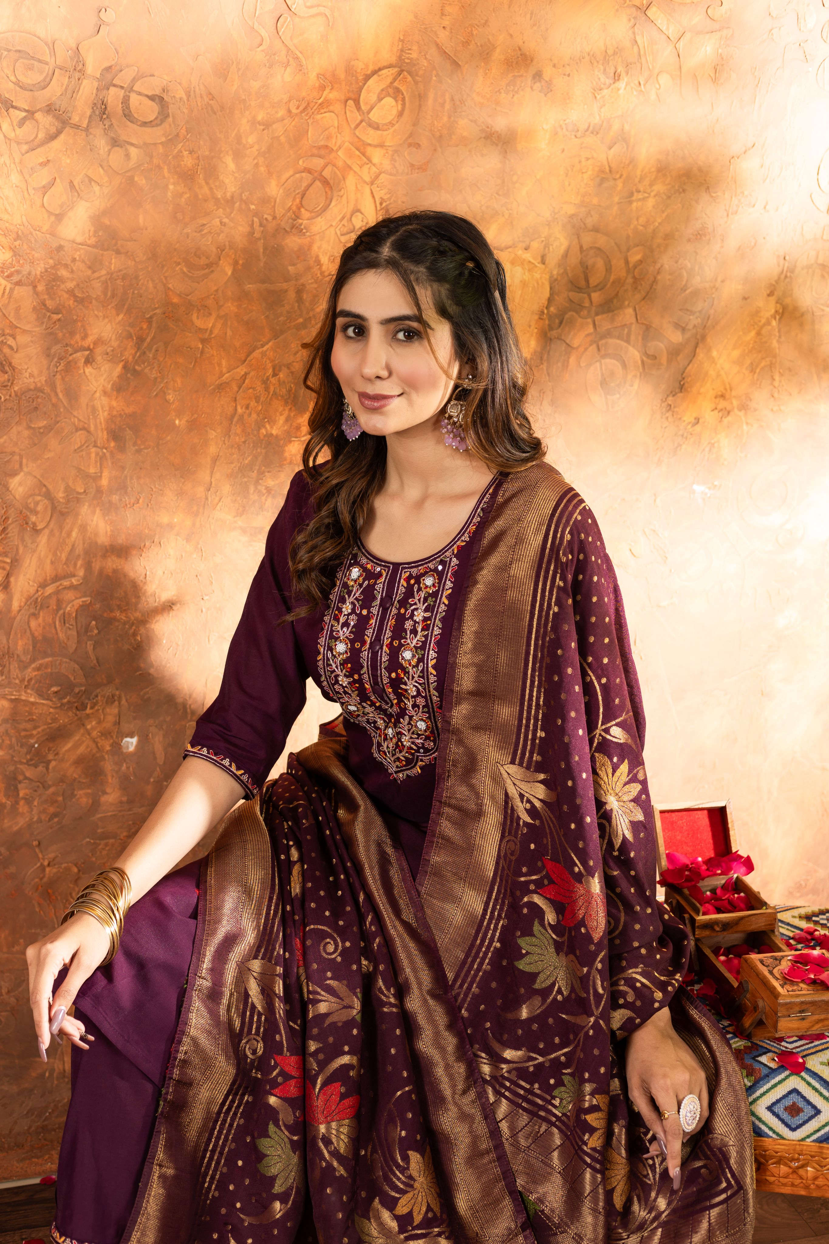 Elegant Straight Kurti Pant Dupatta Set KADV-103 - Wine Kalikar