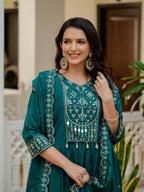 Elegant Straight Kurti Pant Dupatta Set of Teal