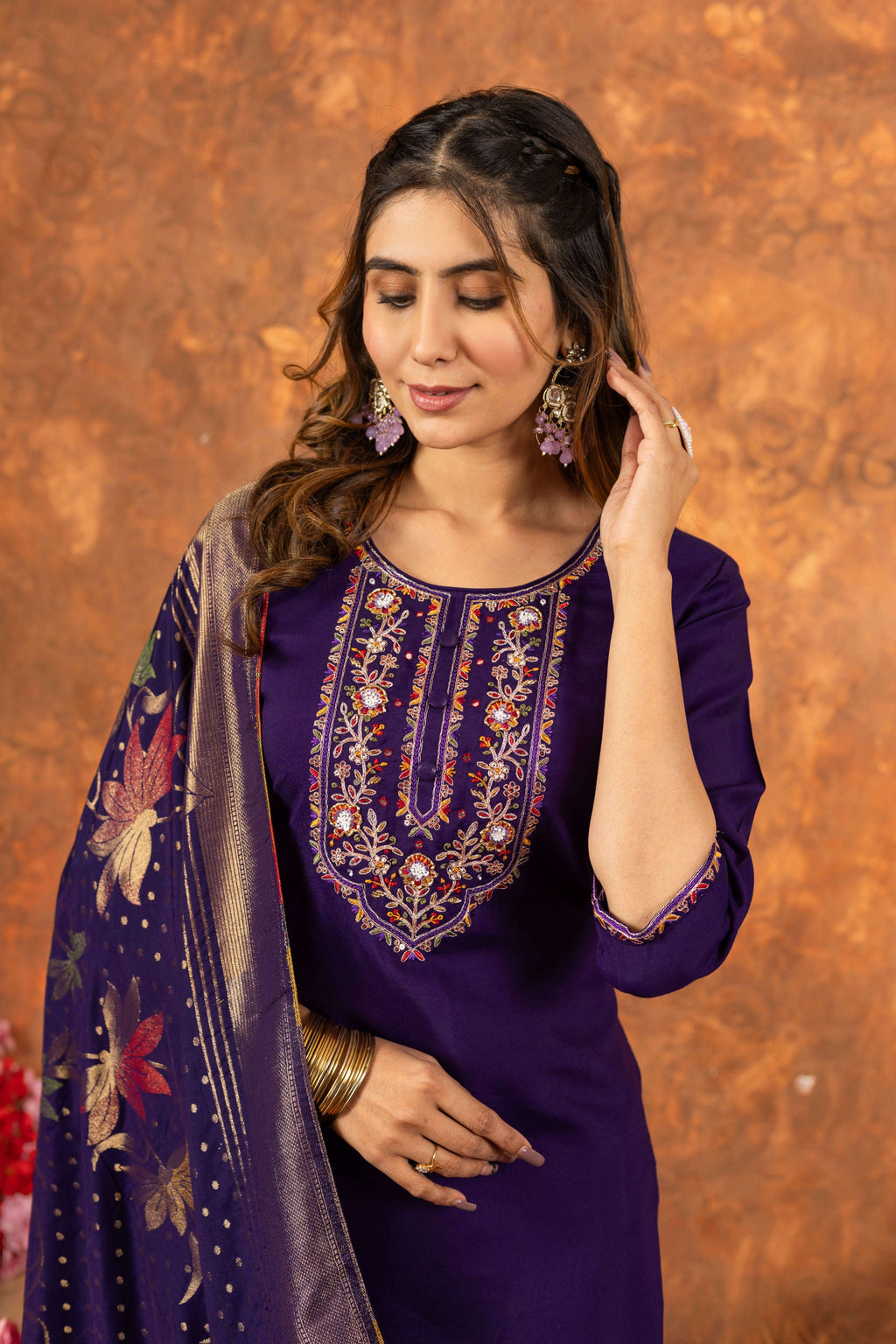 Elegant Straight Kurti Pant Dupatta Set KADV-103 - Purple Kalikar