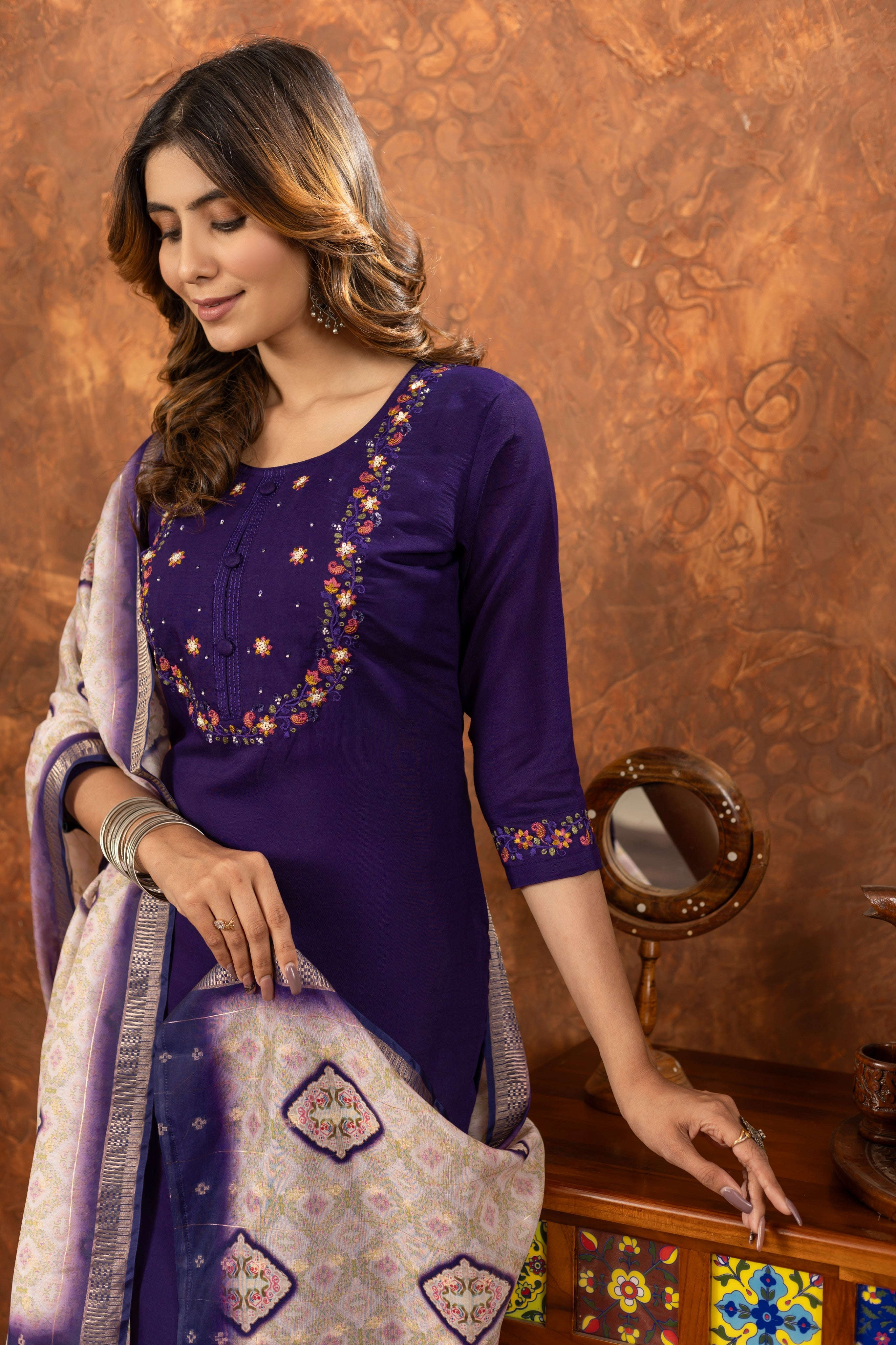 Elegant Straight Kurti Pant Dupatta Set - Purple Kalikar