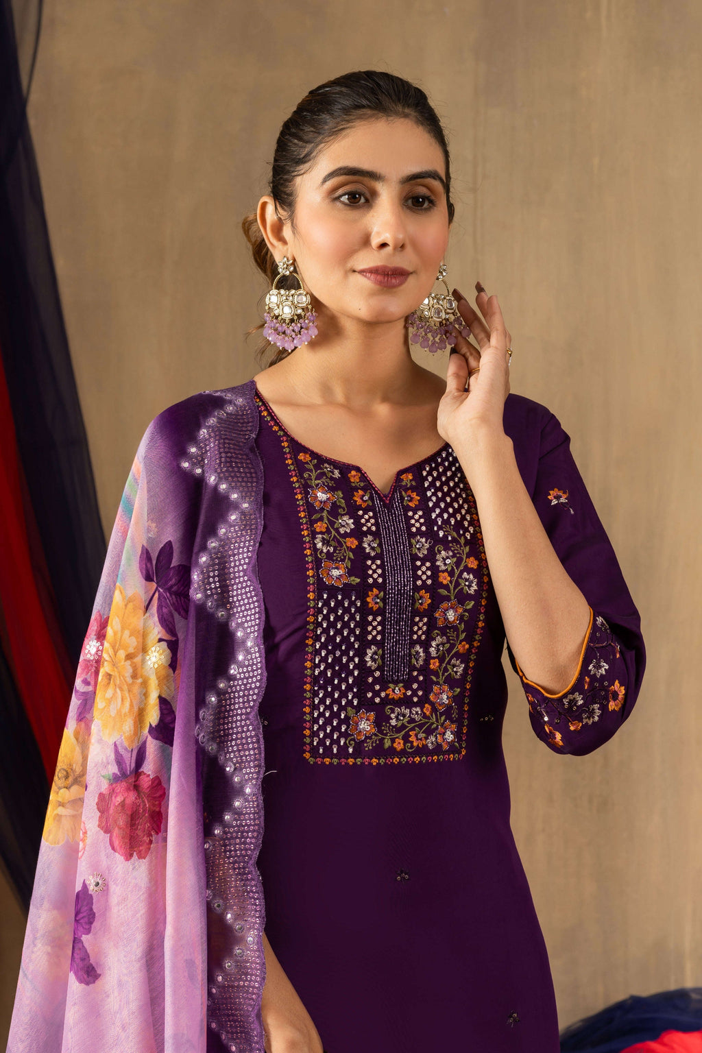 Elegant Straight Kurti Pant Dupatta Set KADV-108 - Purple Kalikar
