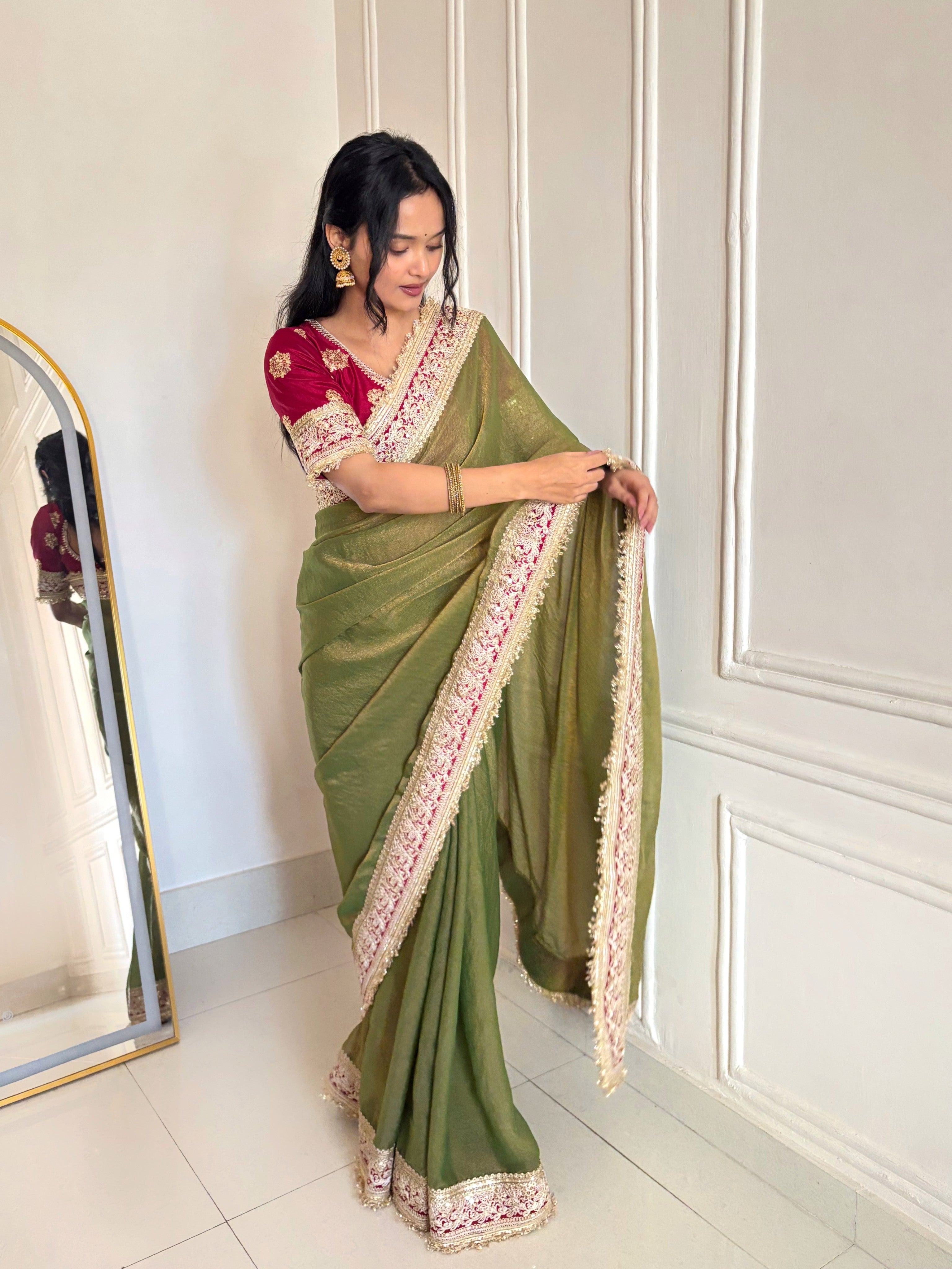 Kalikar Mocha Silk Embroidery work -Kajol Green