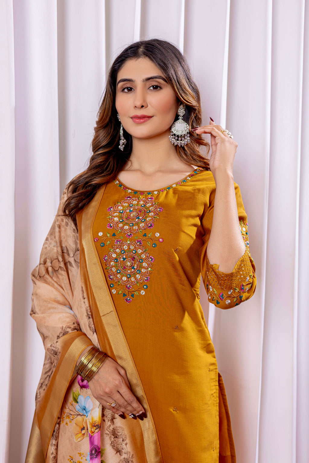 Elegant Straight Kurti Pant Dupatta Set KADV-111 -Mustard Kalikar