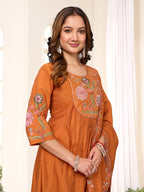 Elegant Straight Kurti Pant Dupatta Set of Rust