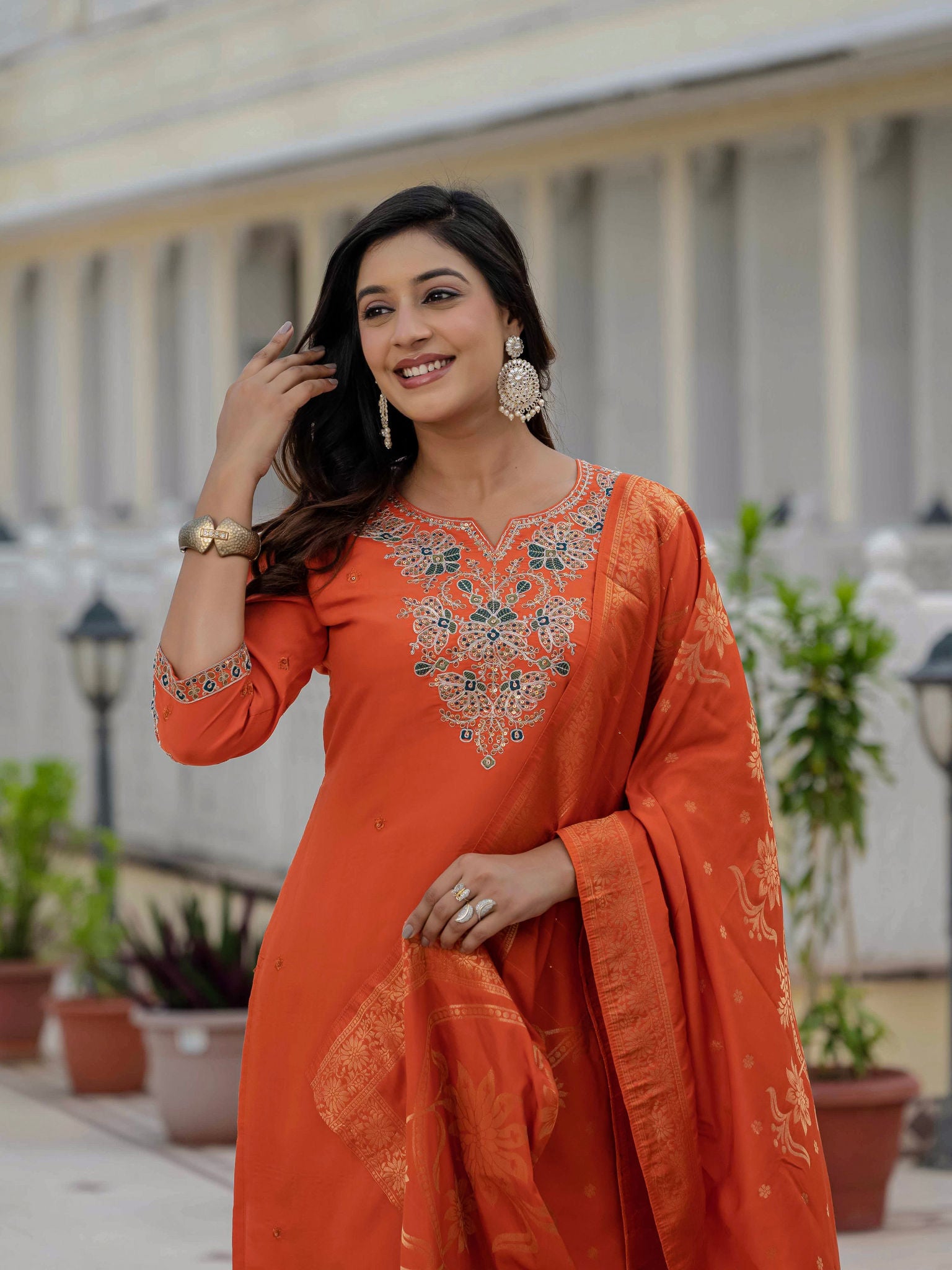 Elegant Straight Kurta Set KADV-121i- Orange Kalikar