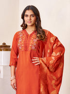 Elegant Straight Kurti Pant Dupatta Set of Rust