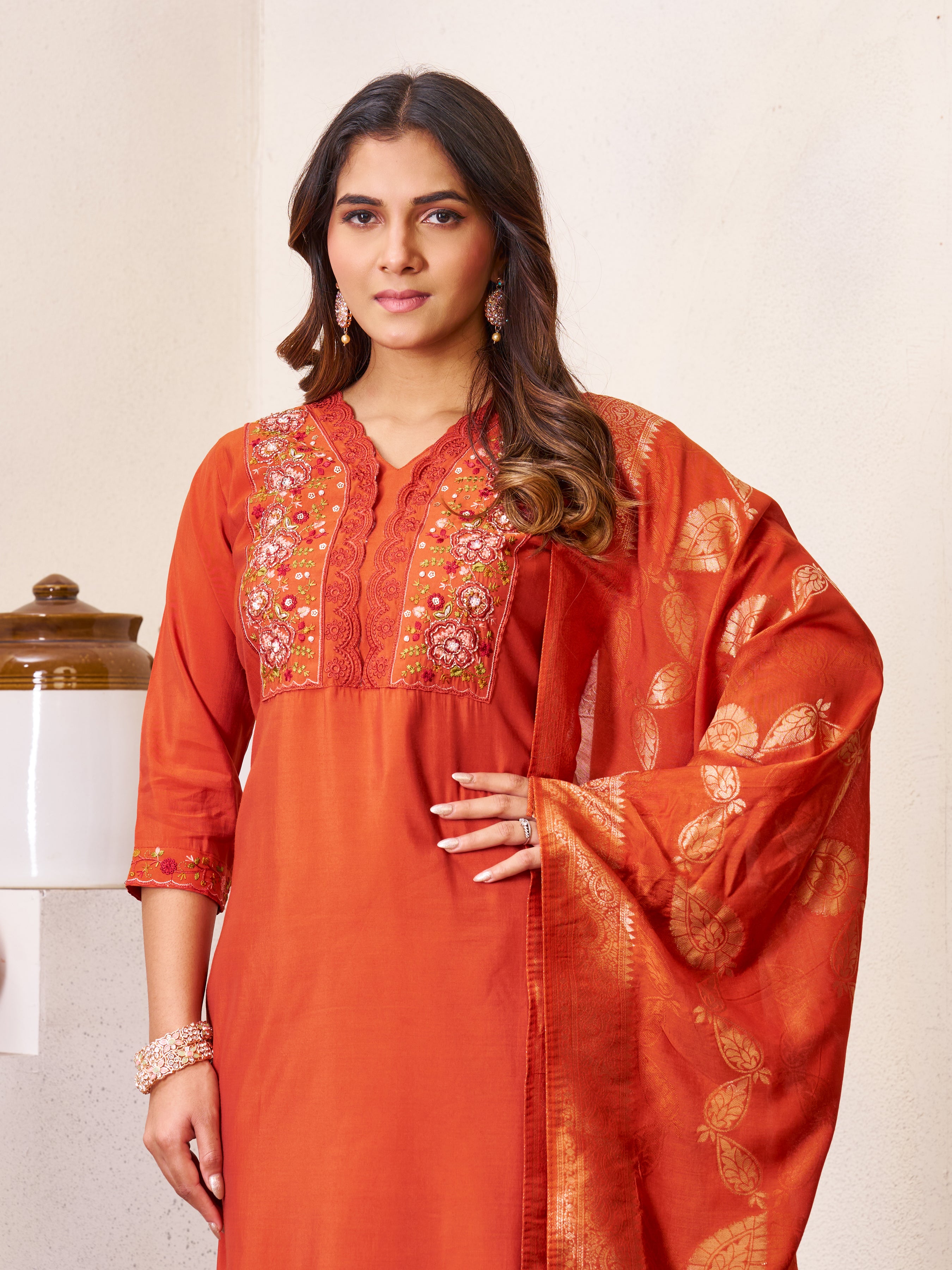 Elegant Straight Kurti Pant Dupatta Set of Rust