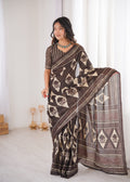 Designer Printed Pure Cotton Saree of Brown
