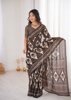 Designer Printed Pure Cotton Saree of Brown