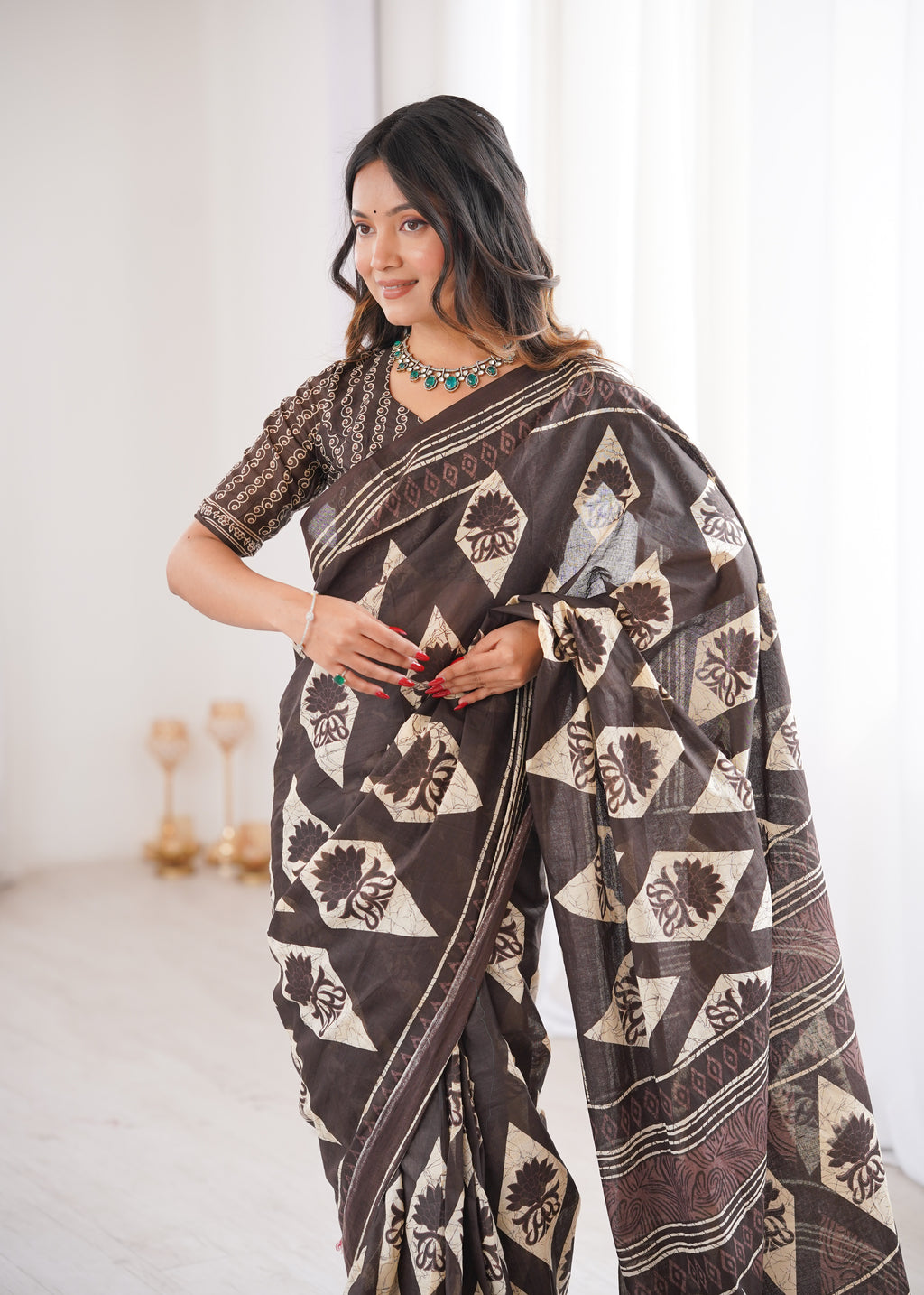 Designer Printed Pure Cotton Saree of Brown