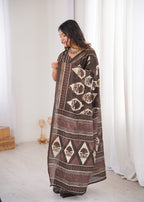 Designer Printed Pure Cotton Saree of Brown