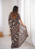 Designer Printed Pure Cotton Saree of Brown