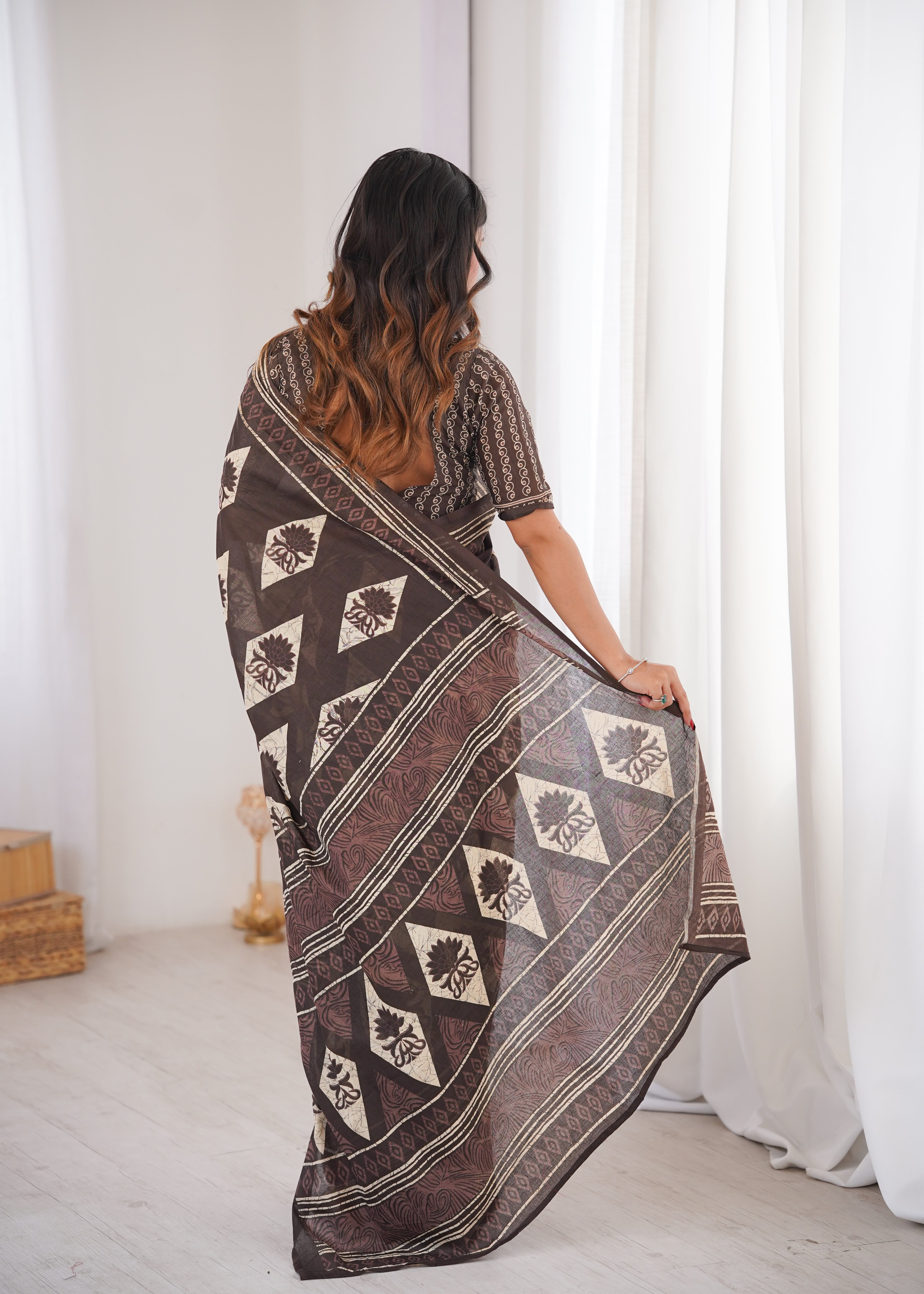 Designer Printed Pure Cotton Saree of Brown