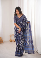 Designer Printed Pure Cotton Saree of Blue