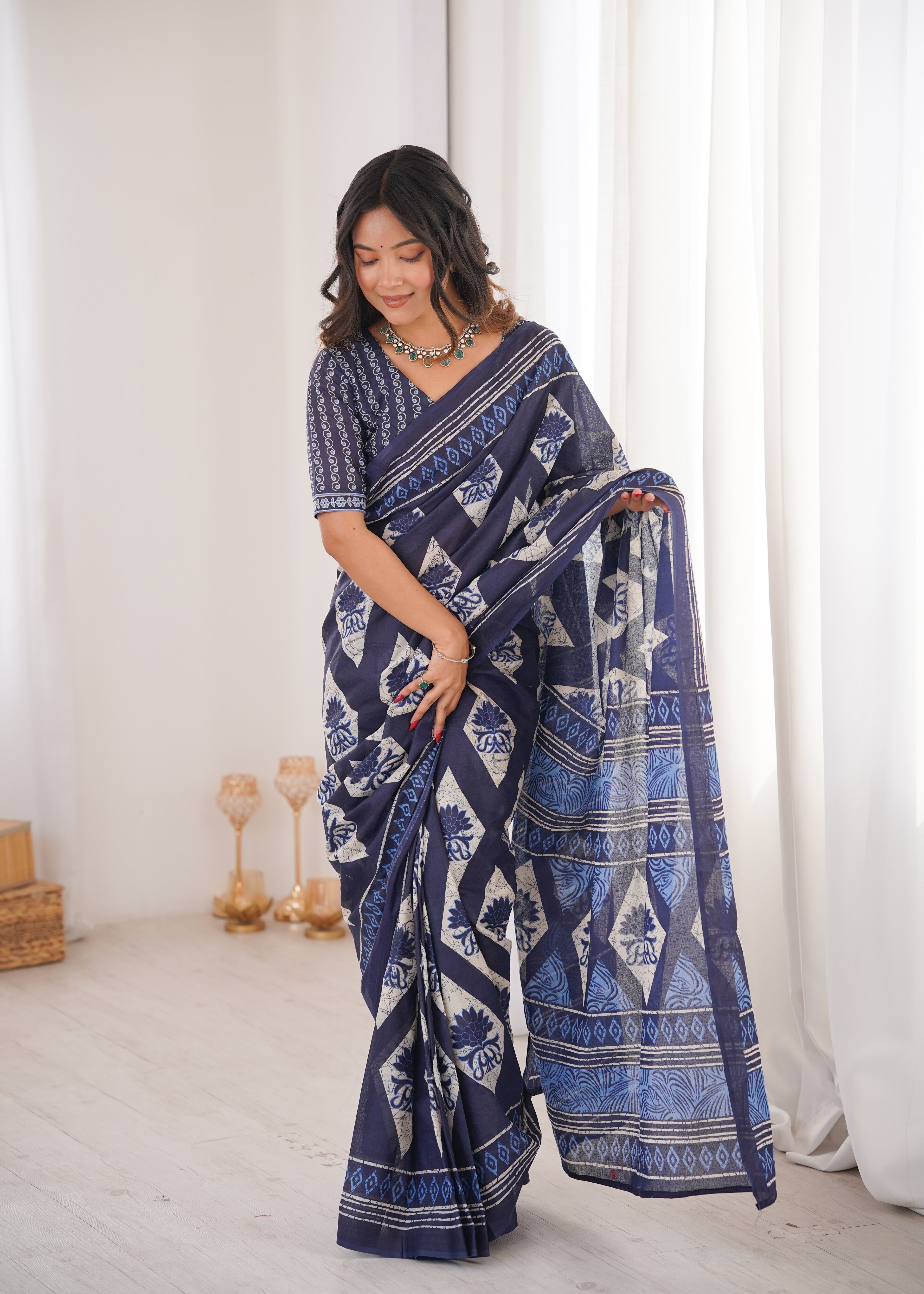 Designer Printed Pure Cotton Saree of Blue