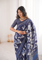 Designer Printed Pure Cotton Saree of Blue