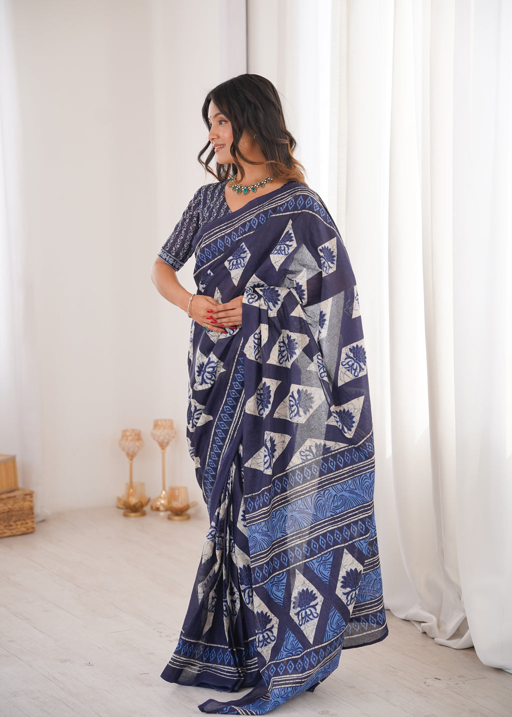Designer Printed Pure Cotton Saree of Blue
