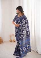 Designer Printed Pure Cotton Saree of Blue