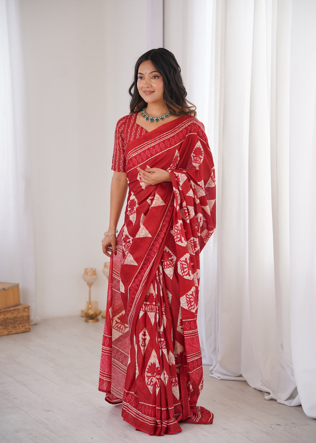 Designer Printed Pure Cotton Saree of Red