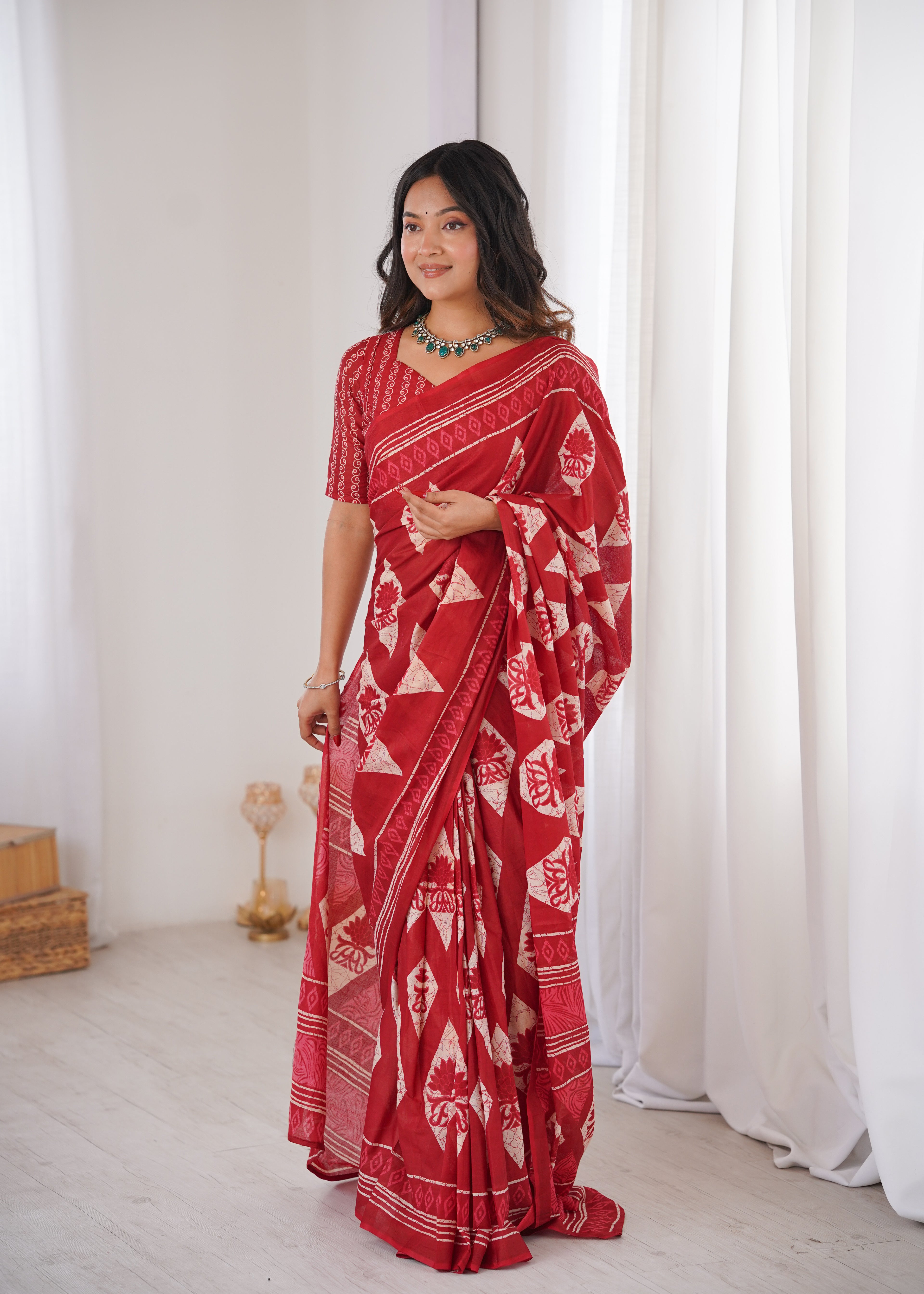 Designer Printed Pure Cotton Saree of Red