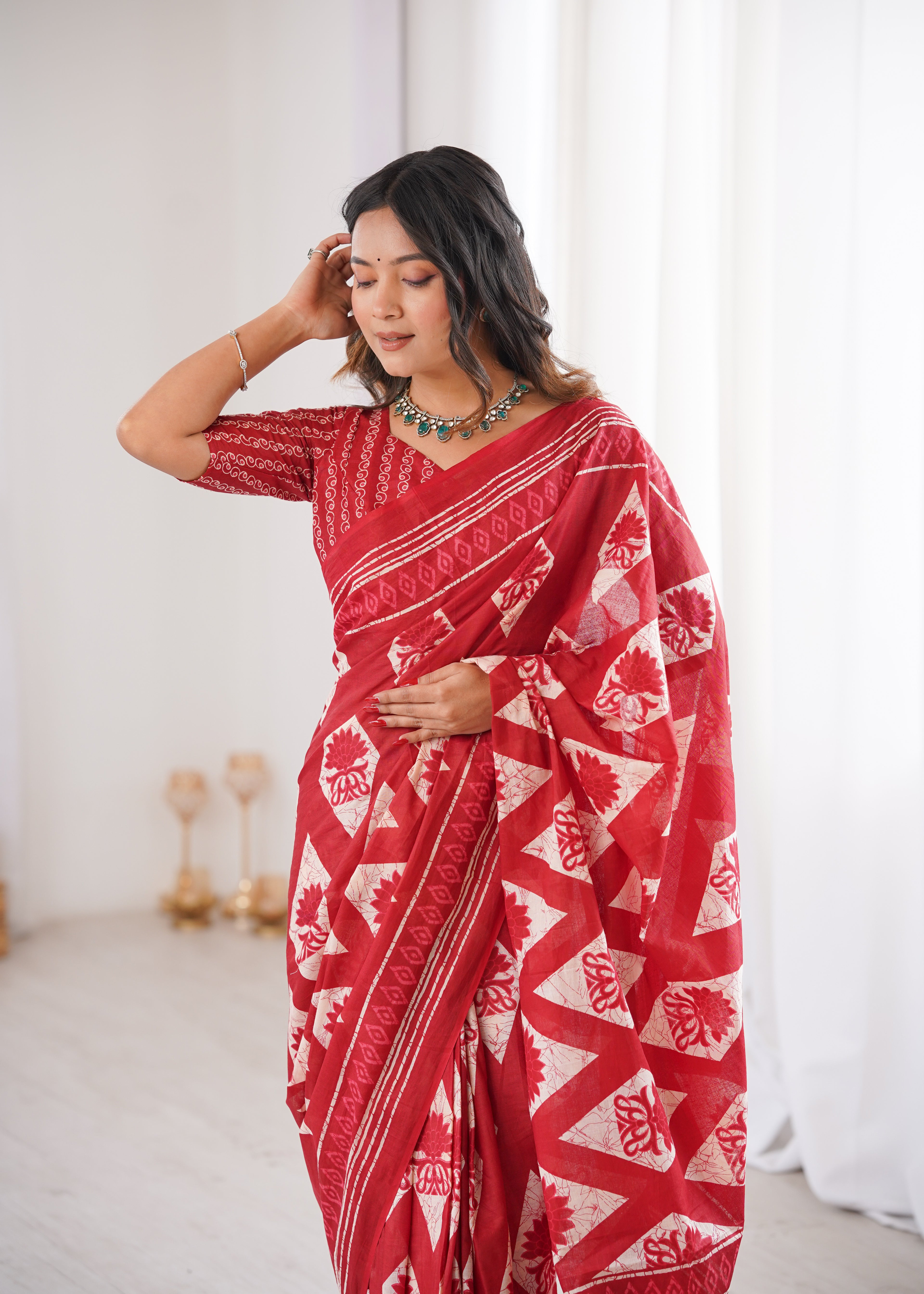 Designer Printed Pure Cotton Saree of Red