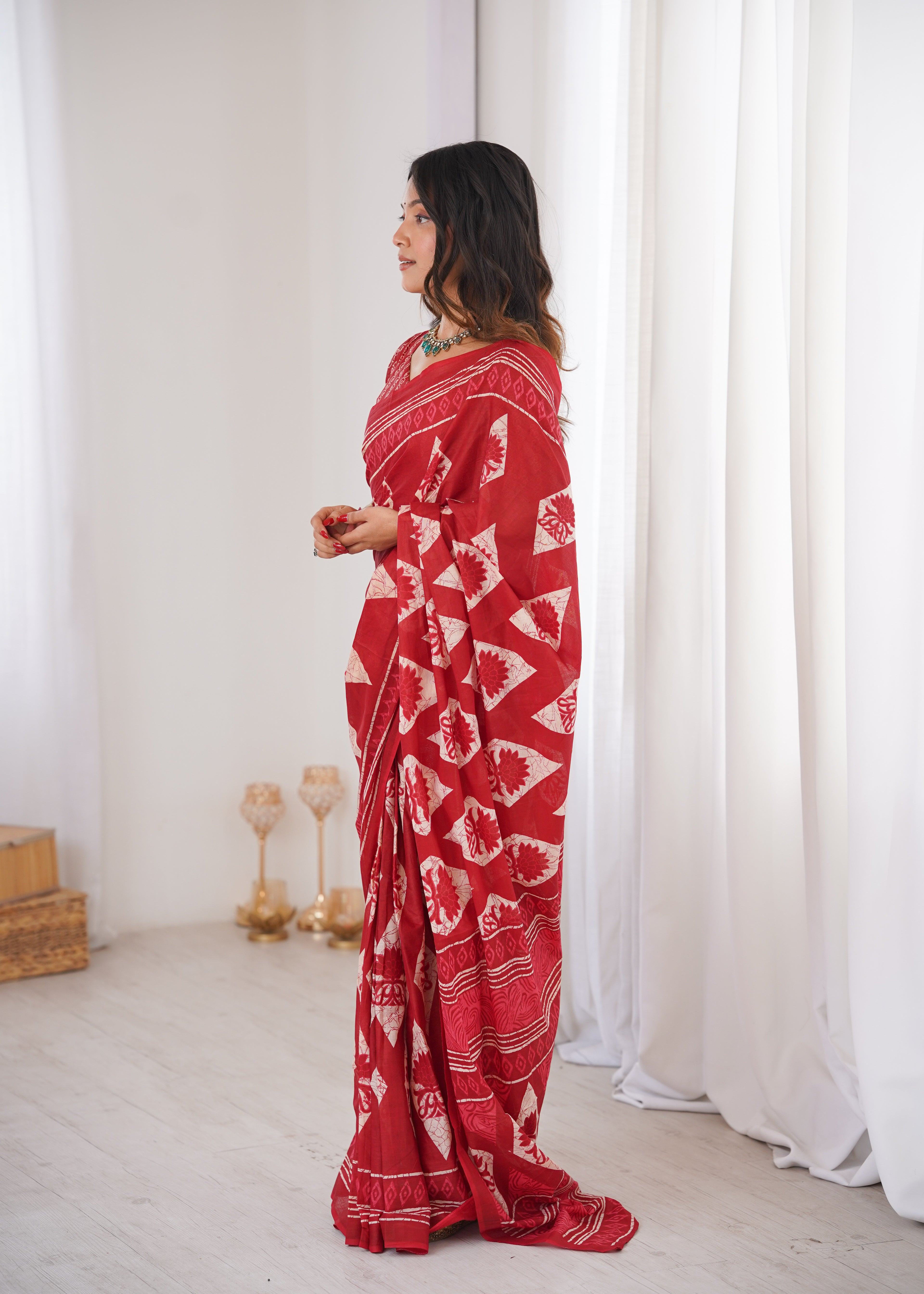 Designer Printed Pure Cotton Saree of Red