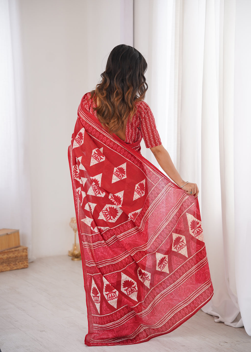 Designer Printed Pure Cotton Saree of Red