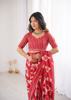 Designer Printed Pure Cotton Saree of Red