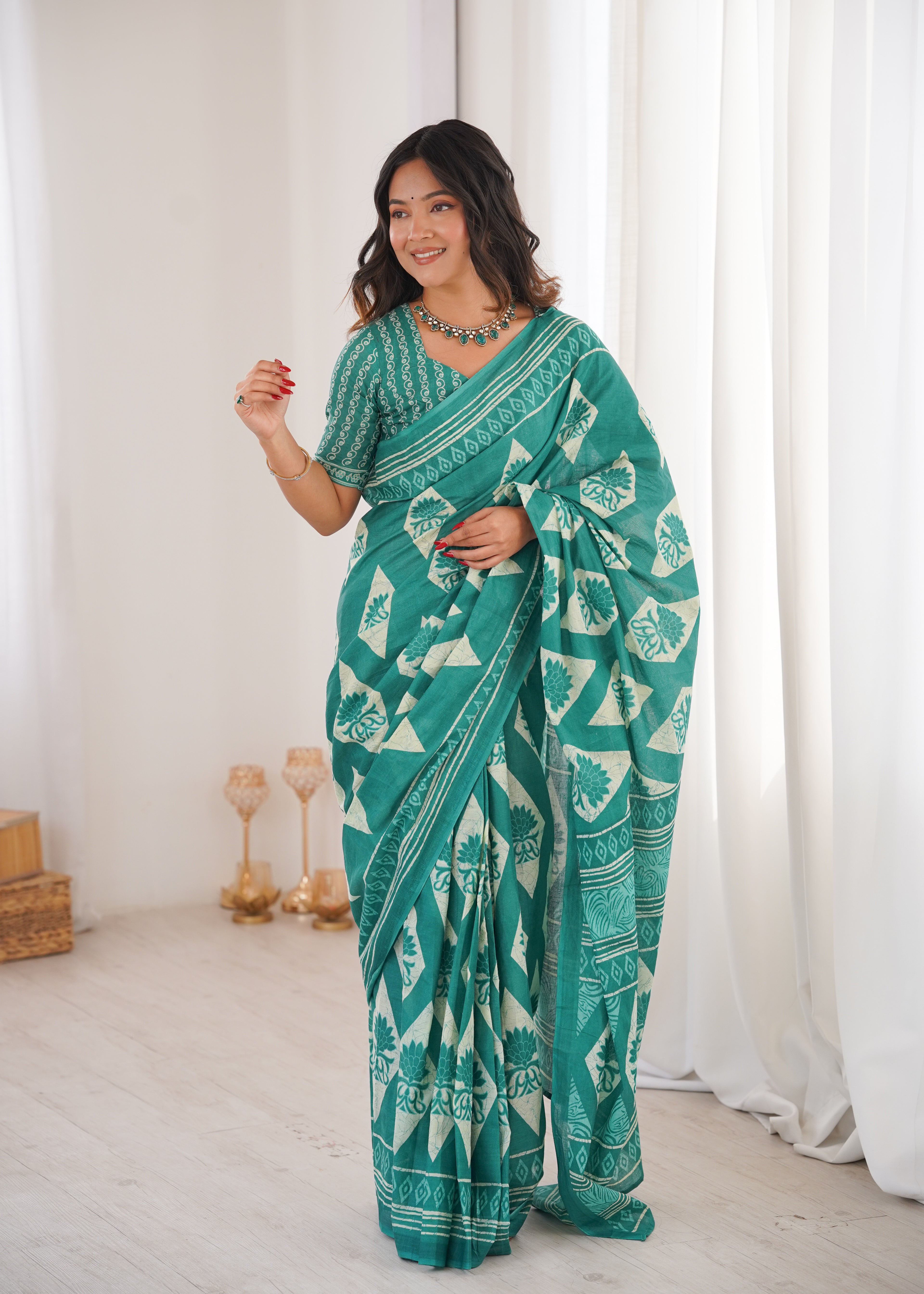 Designer Printed Pure Cotton Saree of Teal Blue
