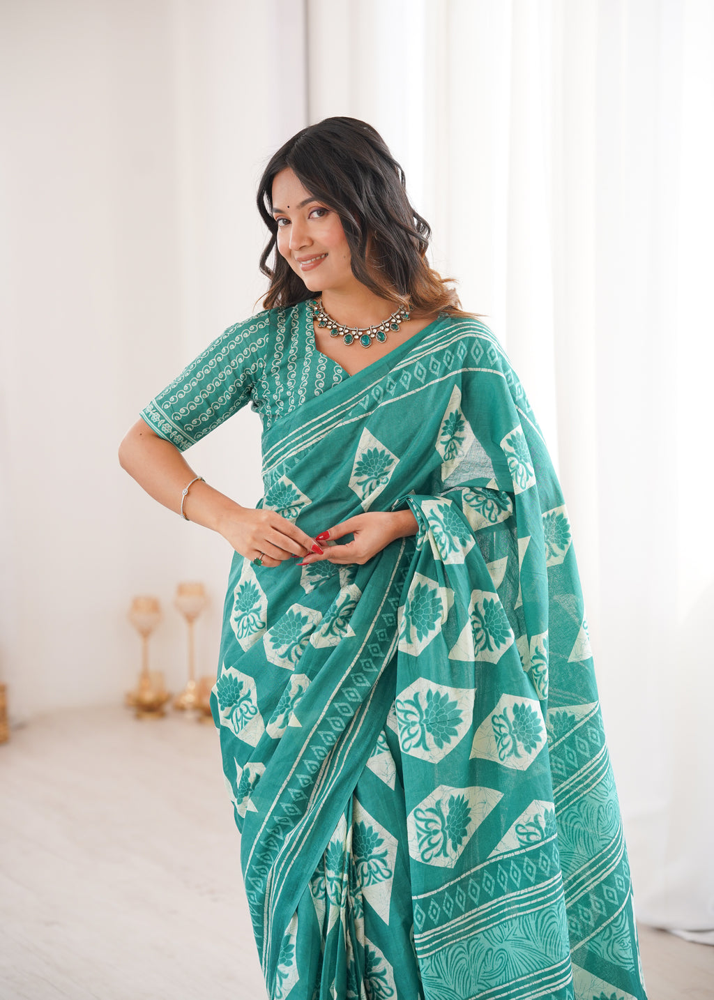 Designer Printed Pure Cotton Saree of Teal Blue