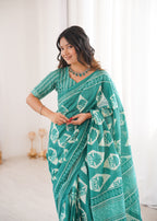 Designer Printed Pure Cotton Saree of Teal Blue