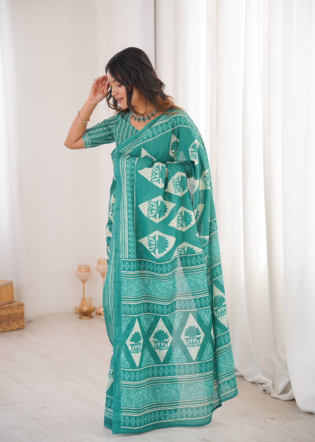 Designer Printed Pure Cotton Saree of Teal Blue