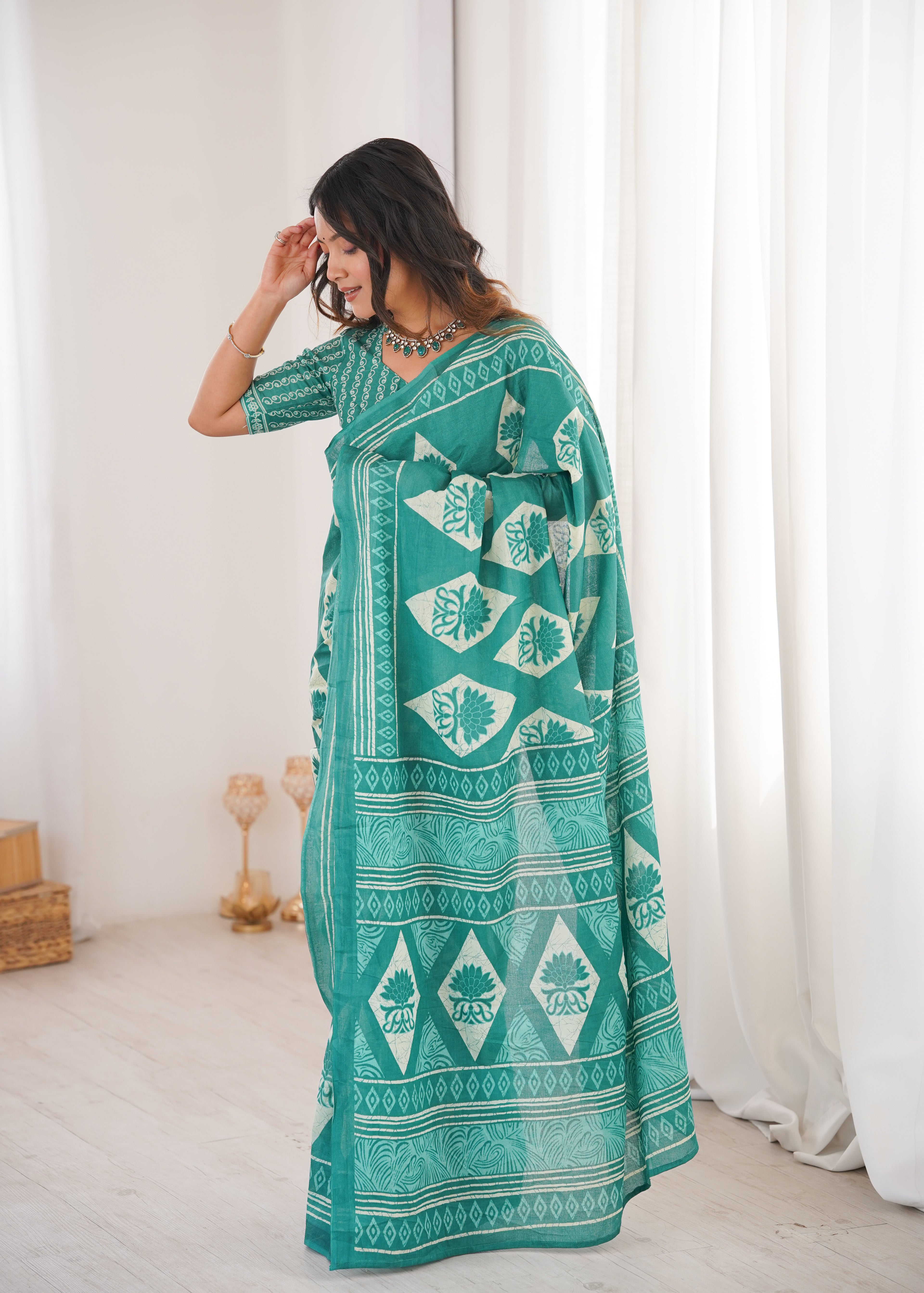 Designer Printed Pure Cotton Saree of Teal Blue