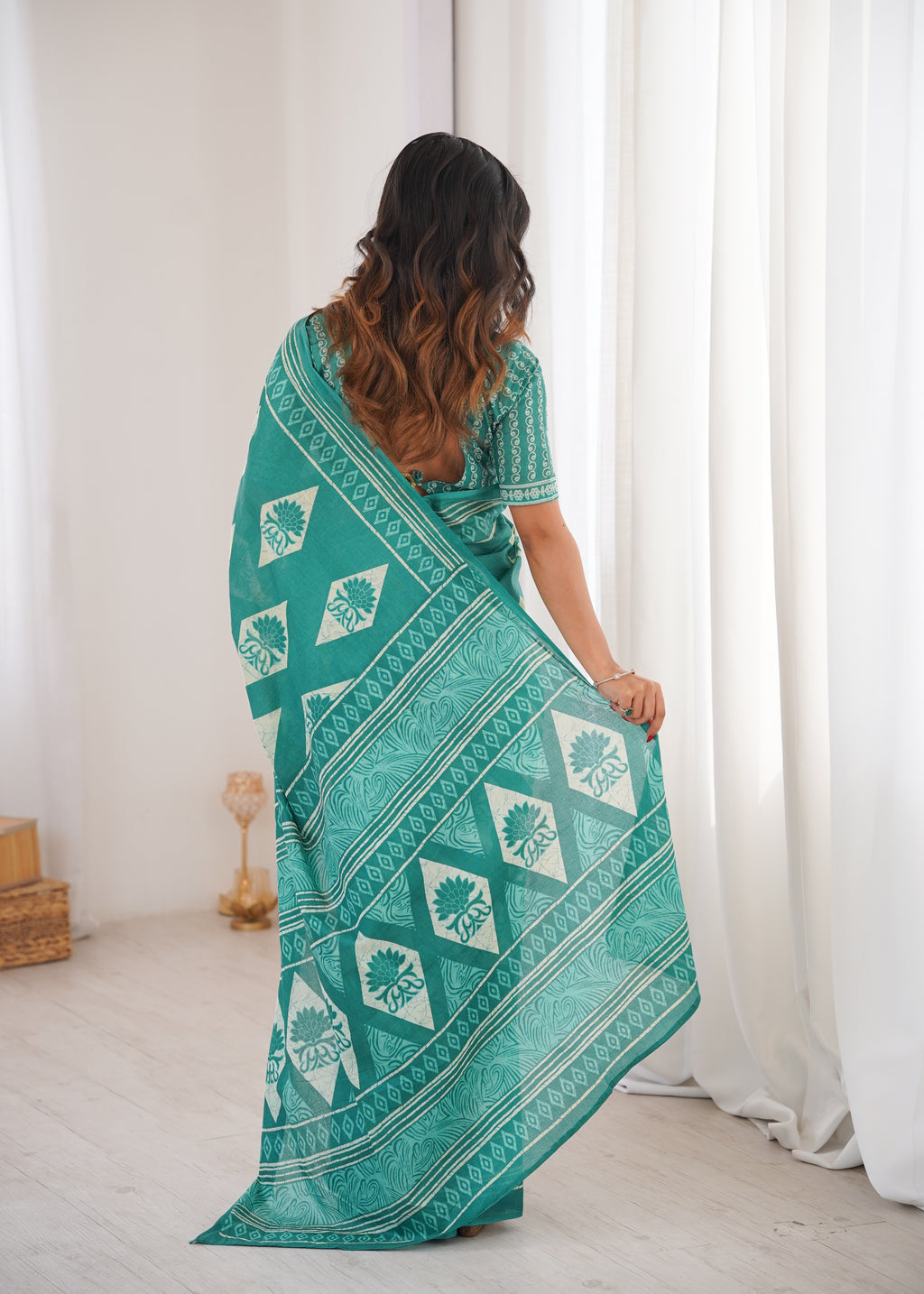Designer Printed Pure Cotton Saree of Teal Blue
