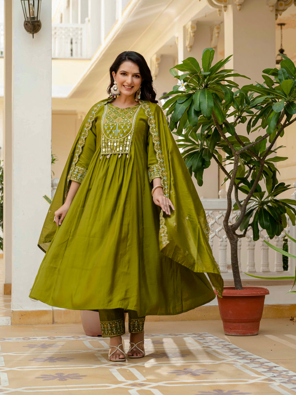 Elegant Straight Anarkali Kurta Set KADV-126- Mahendi