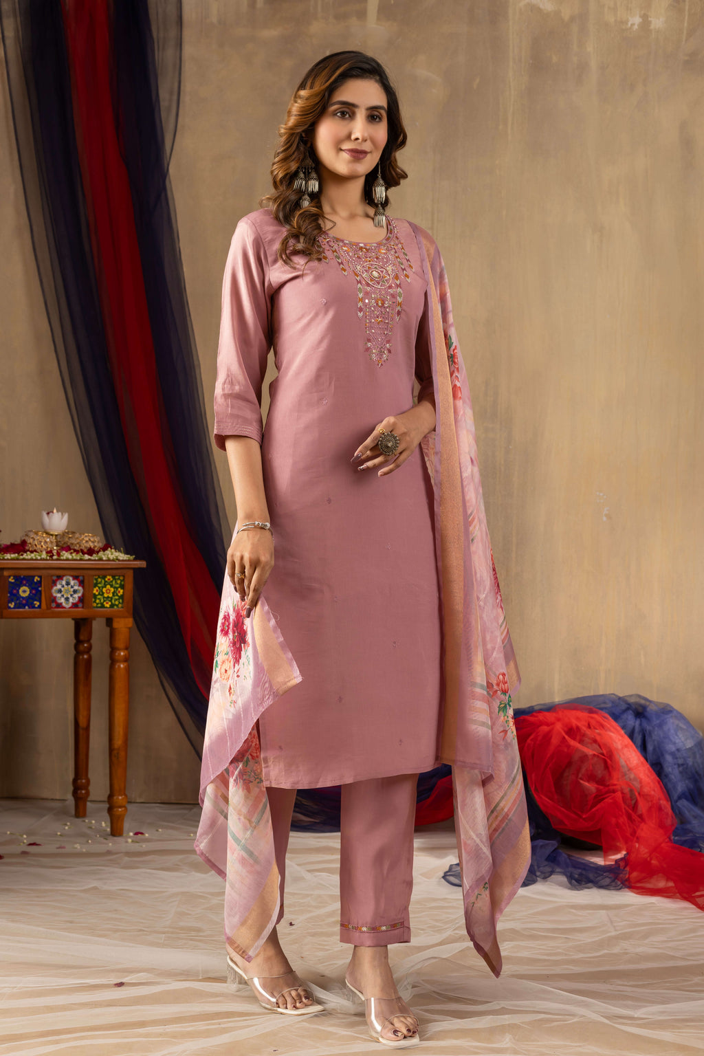 Elegant Straight Kurti Pant Dupatta Set KADV-109 - Onion Pink Kalikar