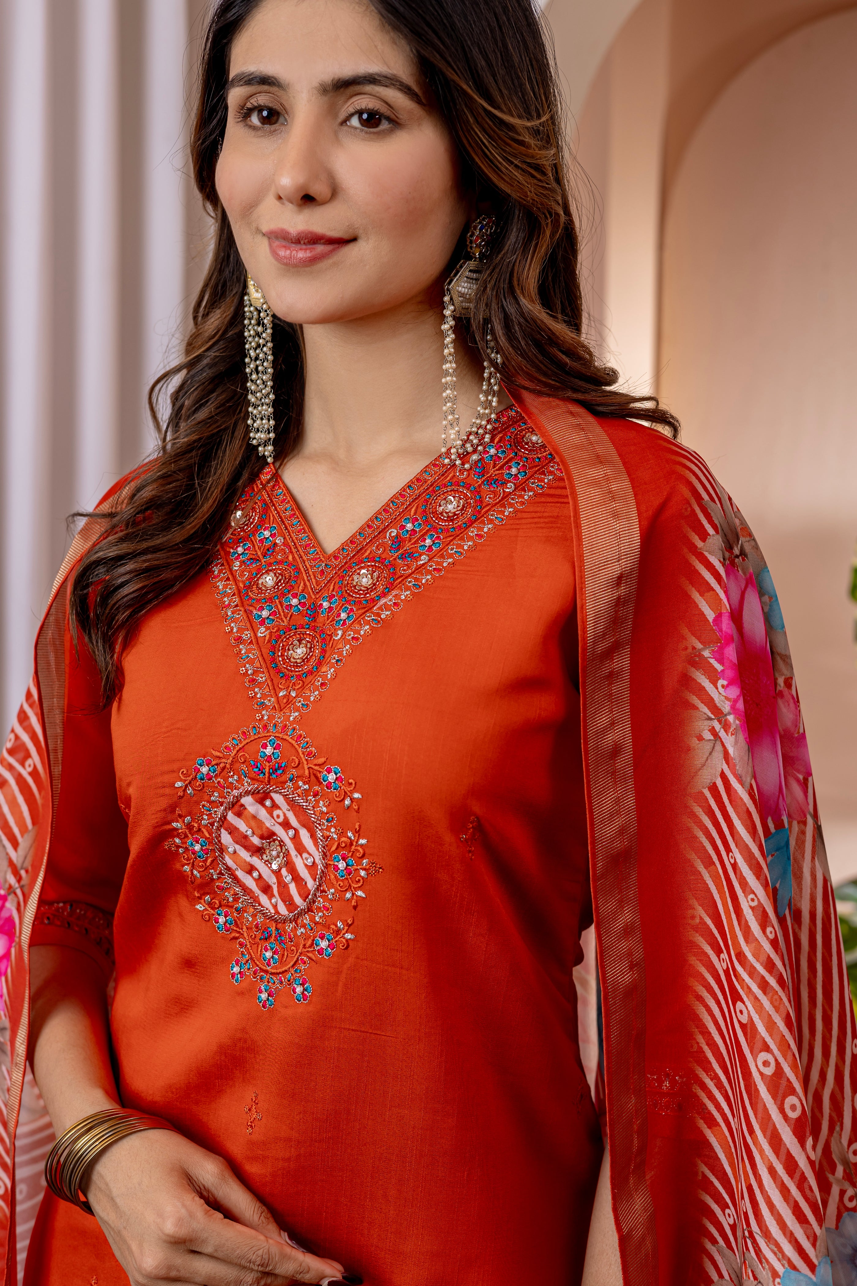 Elegant Straight Kurti Pant Dupatta Set of Orange