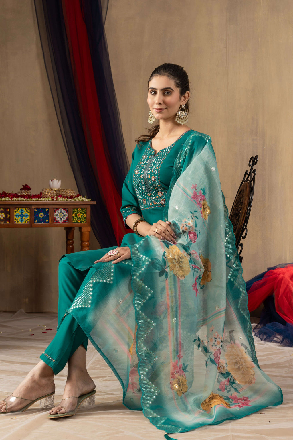 Elegant Straight Kurti Pant Dupatta Set KADV-108 - Rama Green Kalikar