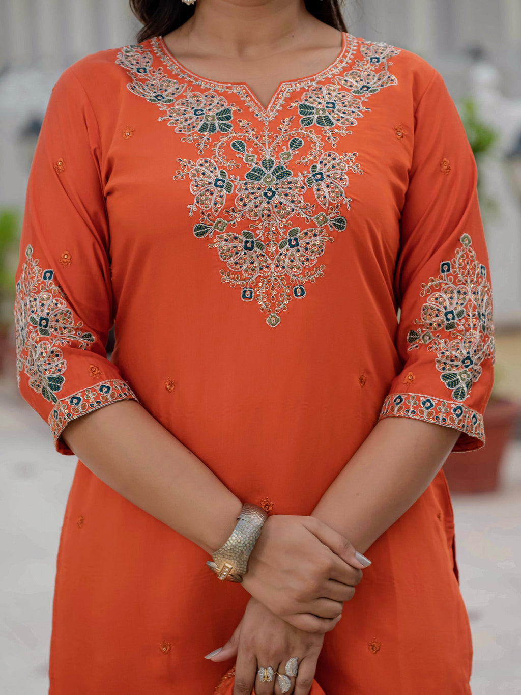Elegant Straight Kurta Set KADV-121i- Orange Kalikar