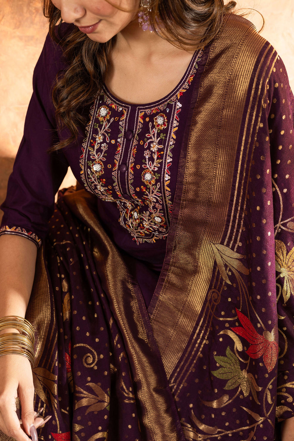 Elegant Straight Kurti Pant Dupatta Set KADV-103 - Wine Kalikar