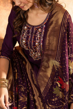 Elegant Straight Kurti Pant Dupatta Set KADV-103 - Wine Kalikar