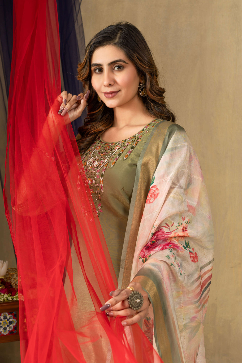 Elegant Straight Kurti Pant Dupatta Set KADV-109 - Green Kalikar
