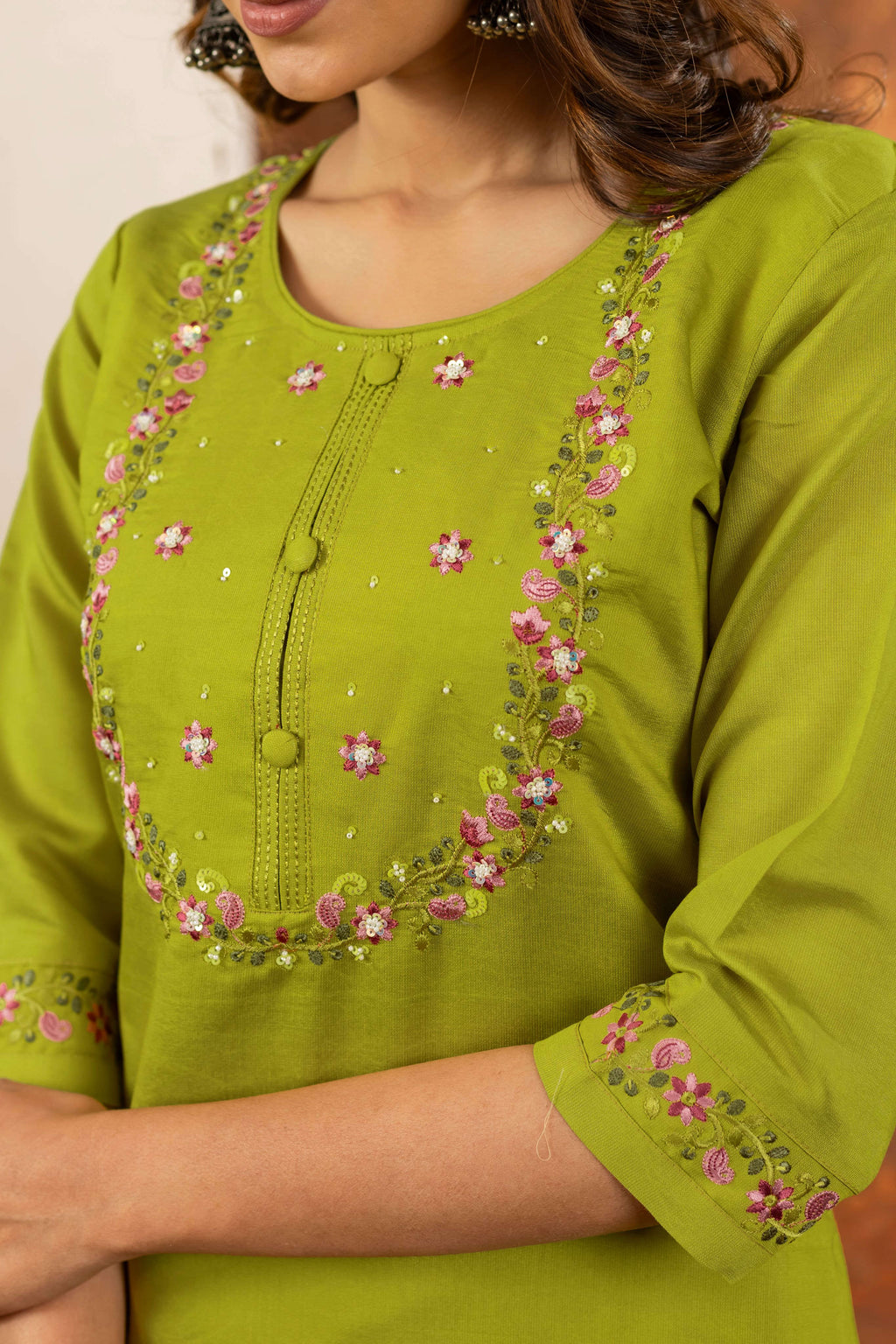 Elegant Straight Kurti Pant Dupatta Set - Parrot Green Kalikar