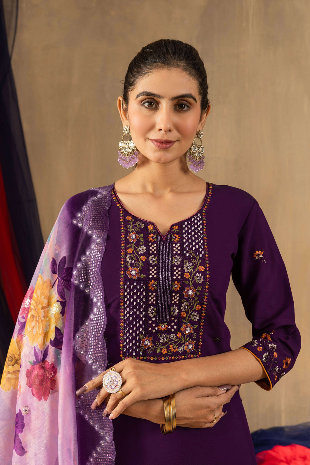 Elegant Straight Kurti Pant Dupatta Set KADV-108 - Purple Kalikar