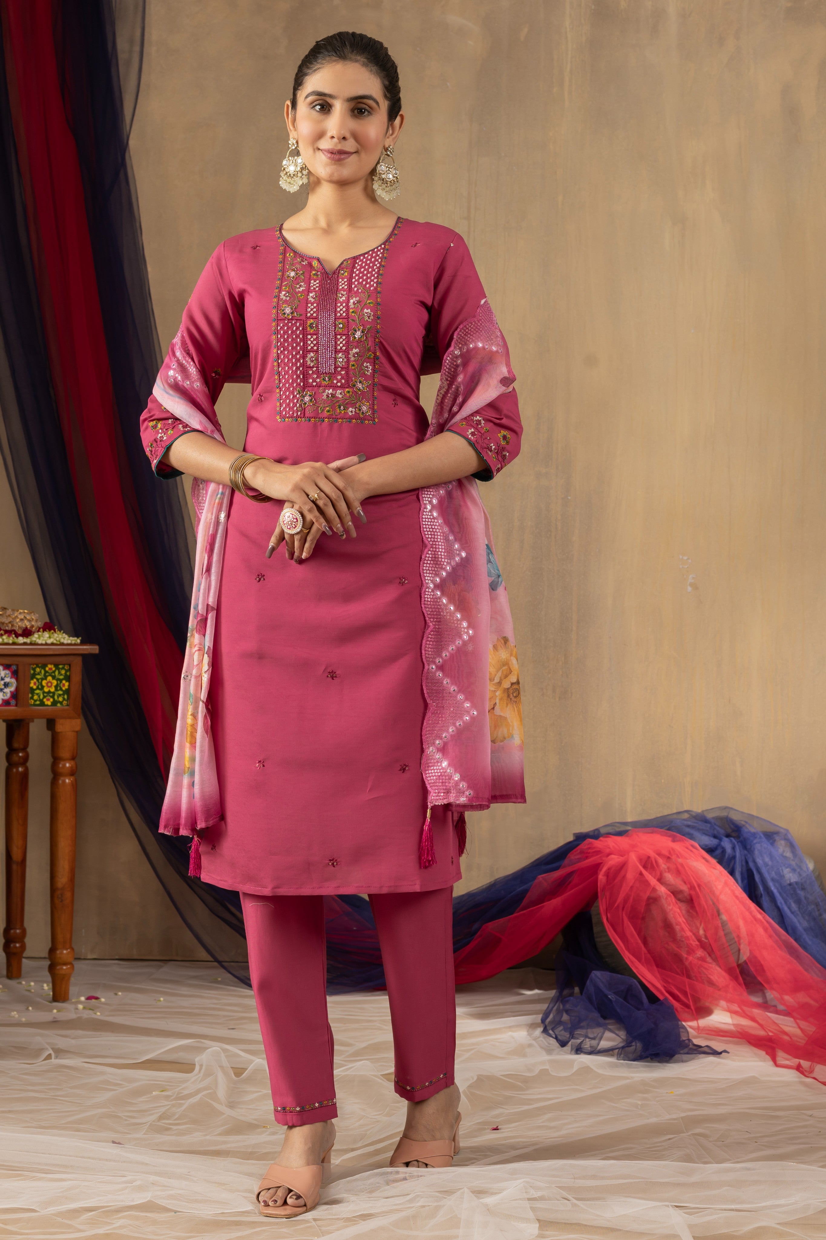 Elegant Straight Kurti Pant Dupatta Set KADV-108 - Pink
