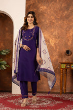 Elegant Straight Kurti Pant Dupatta Set - Purple Kalikar