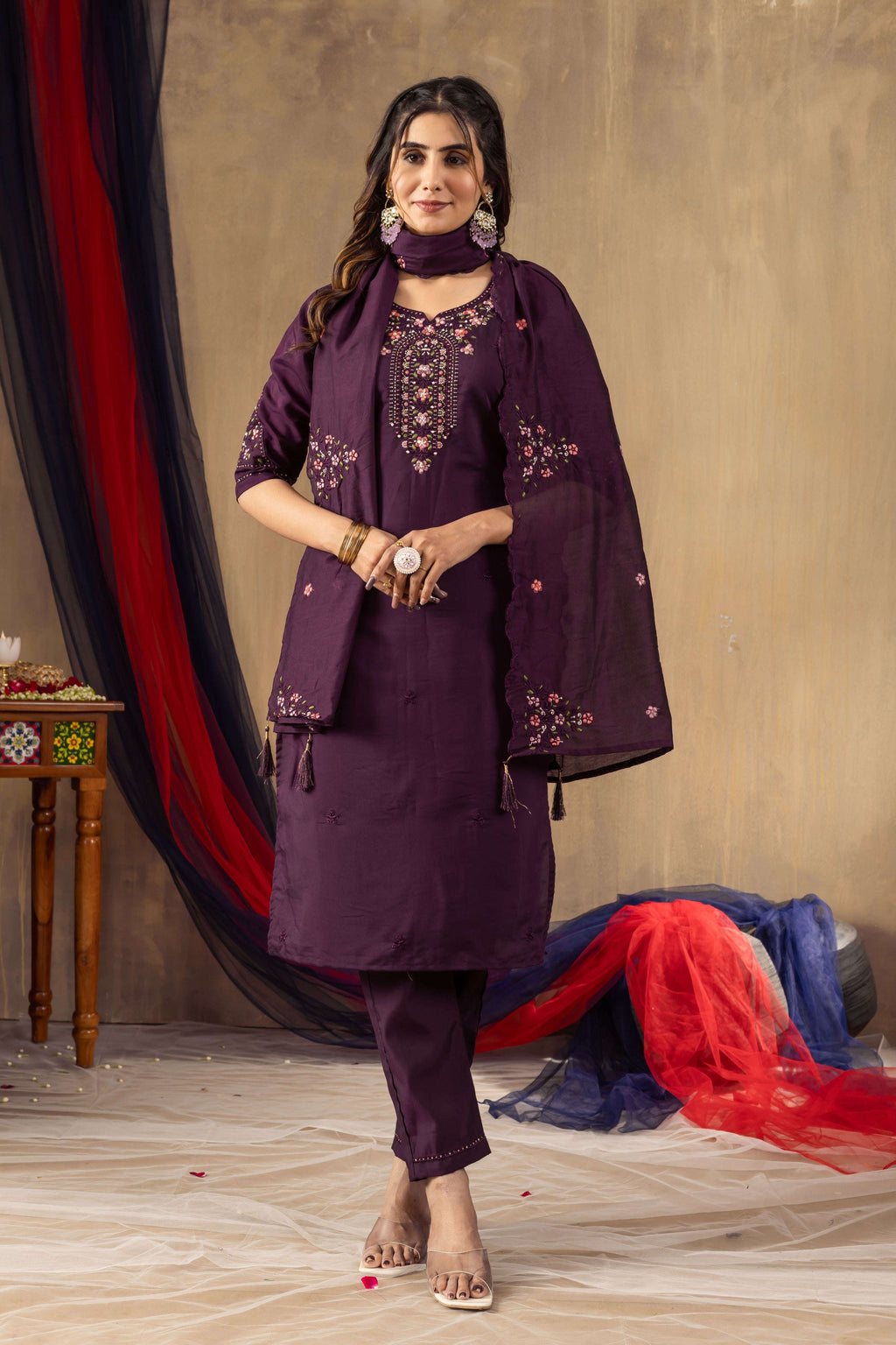 Elegant Straight Kurti Pant Dupatta Set KADV-106 - Wine Kalikar
