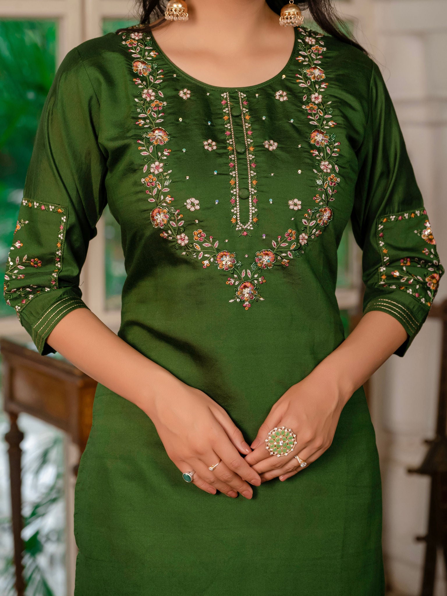 Elegant Straight Kurti Pant Dupatta Set KADV-116 - Mehndi Green Kalikar