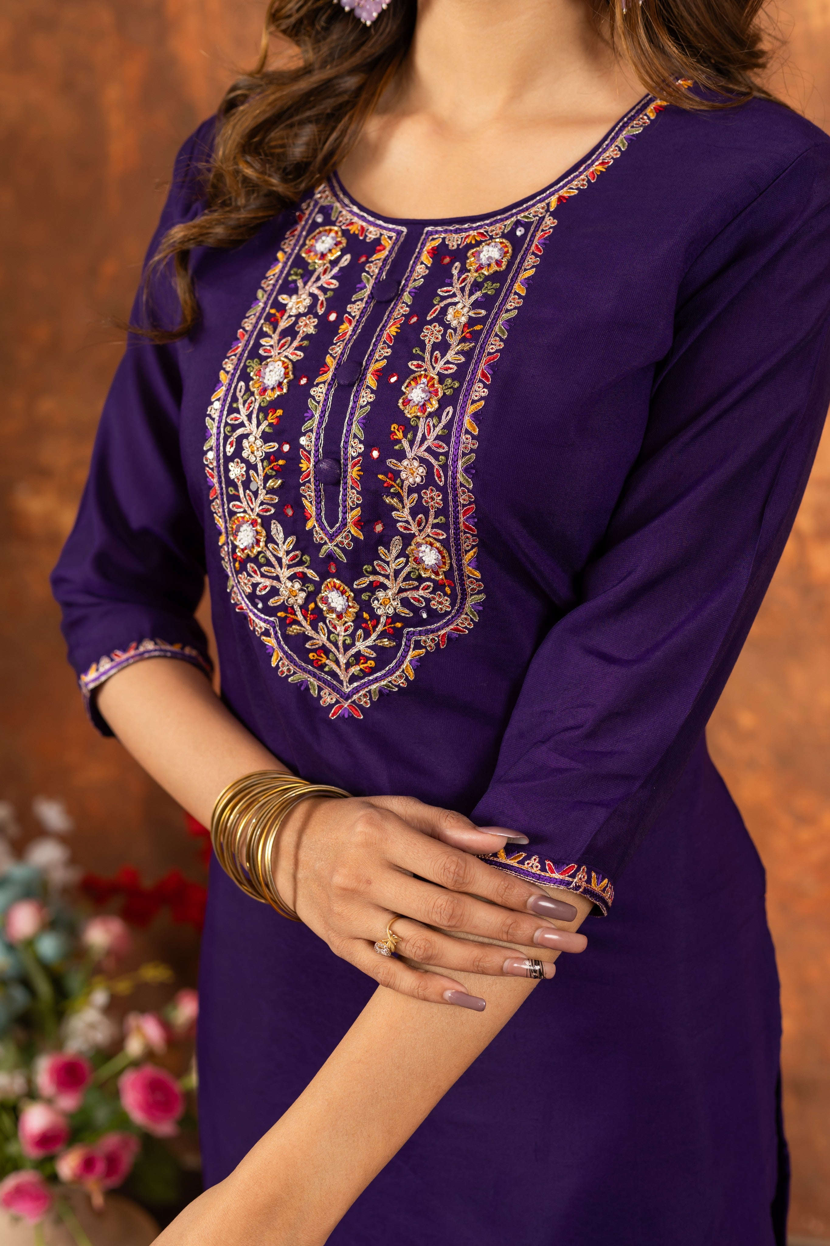 Elegant Straight Kurti Pant Dupatta Set KADV-103 - Purple Kalikar