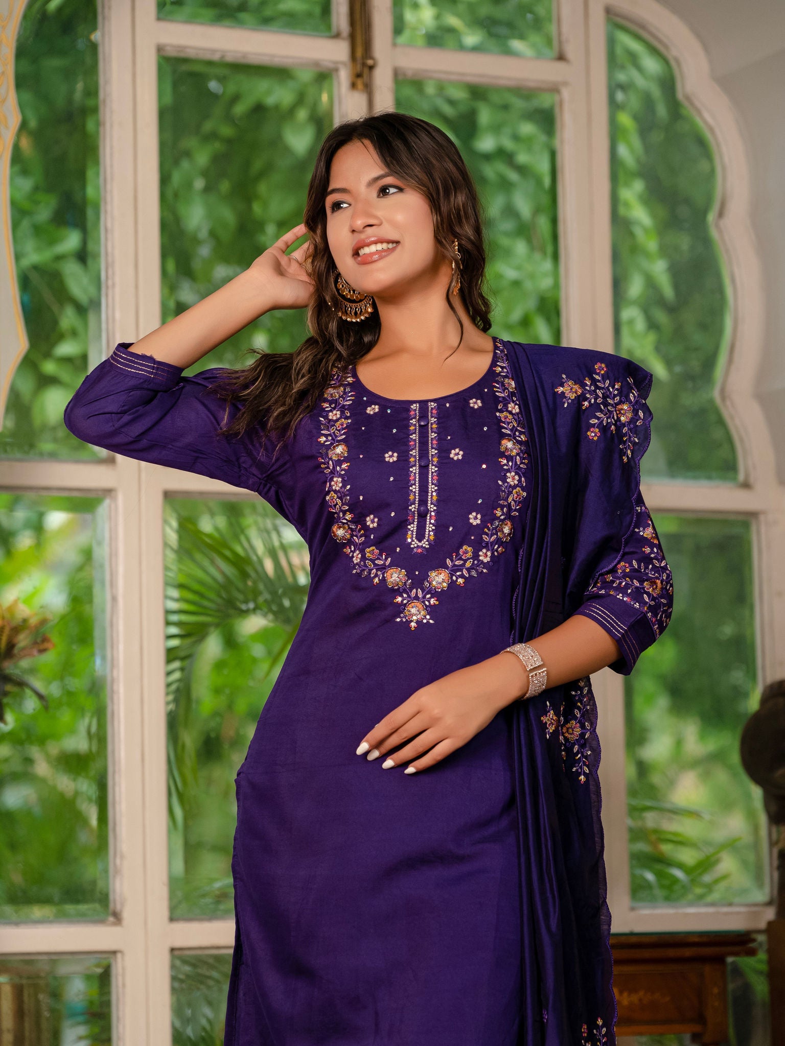 Elegant Straight Kurti Pant Dupatta Set KADV-116 - Violet Kalikar